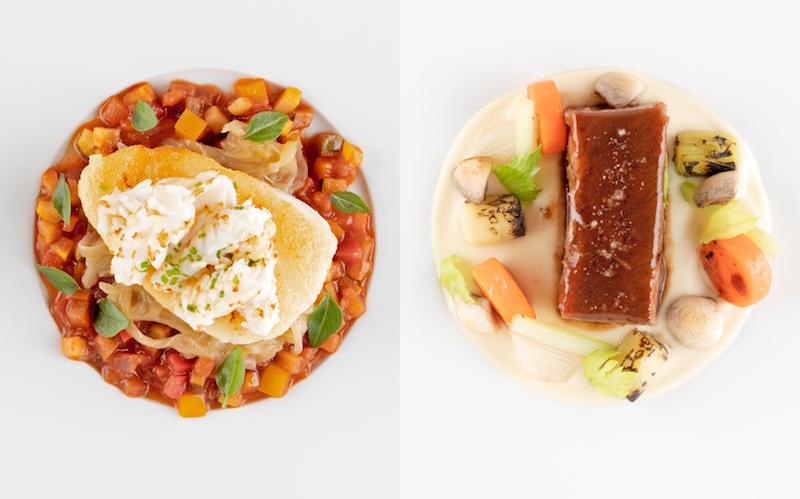 Business class menu: Sea bass and confit beef ribs dishes. Photos: Air France