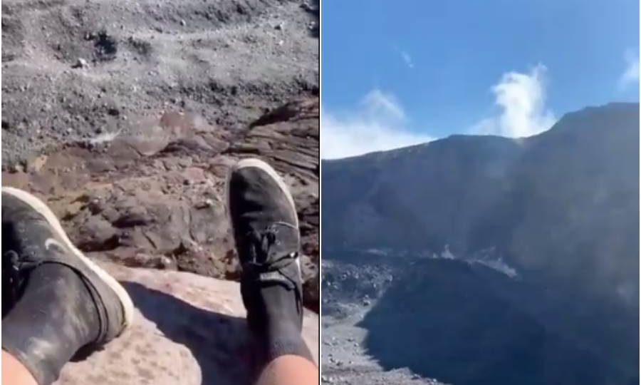 Stills from a viral video of foreigners hanging out on the top of Bali’s Mount Agung. 
