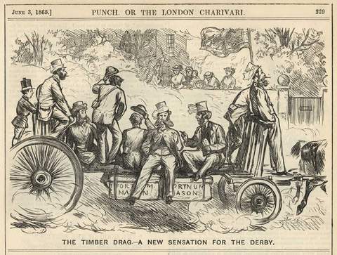 A cartoon from 1865 depicts a Fortnum & Mason hamper lashed under a carriage. Image via Cardiff University.