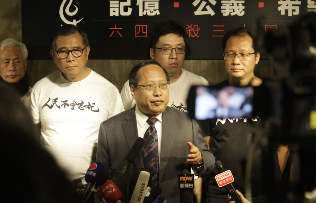 Albert Ho, the chairman of the Hong Kong Alliance in Support of Patriotic Democratic Movements in China, addresses reporters ahead of the June 4 . Museum's reopening. Photo by Vicky Wong.