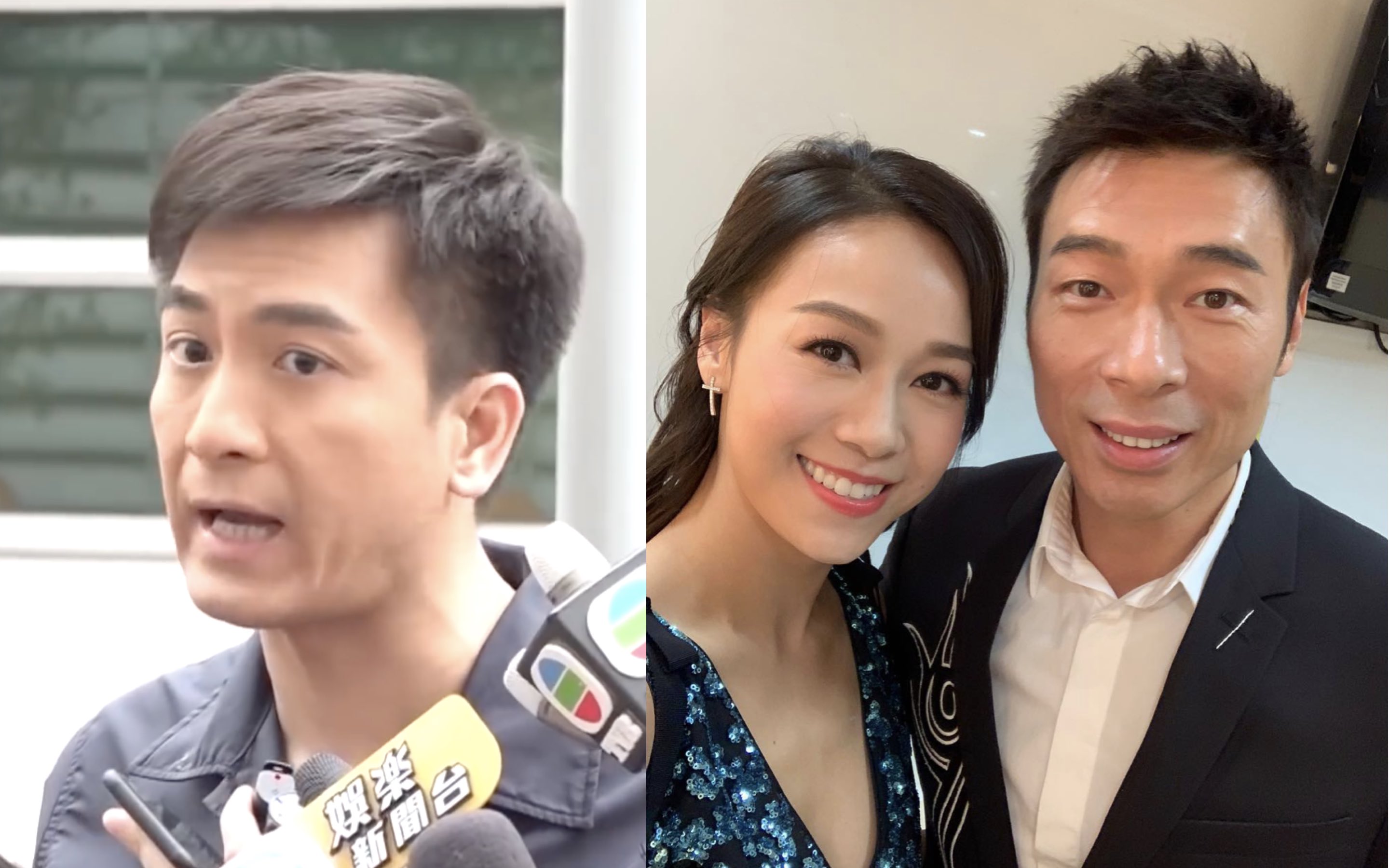 (Left) Kenneth Ma addressing reporters in Tseung Kwan O after his girlfriend Jacqueline Wong was caught on camera making out in the back of a car with married pop star Andy Hui. (Right) Wong and Hui at an event in October 2018. Screengrabs and photos via YouTube and Instagram.