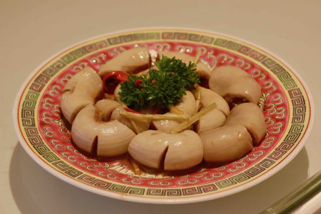 Man Hing's tossed pork intestines with homemade sauce. Photo by Vicky Wong.
