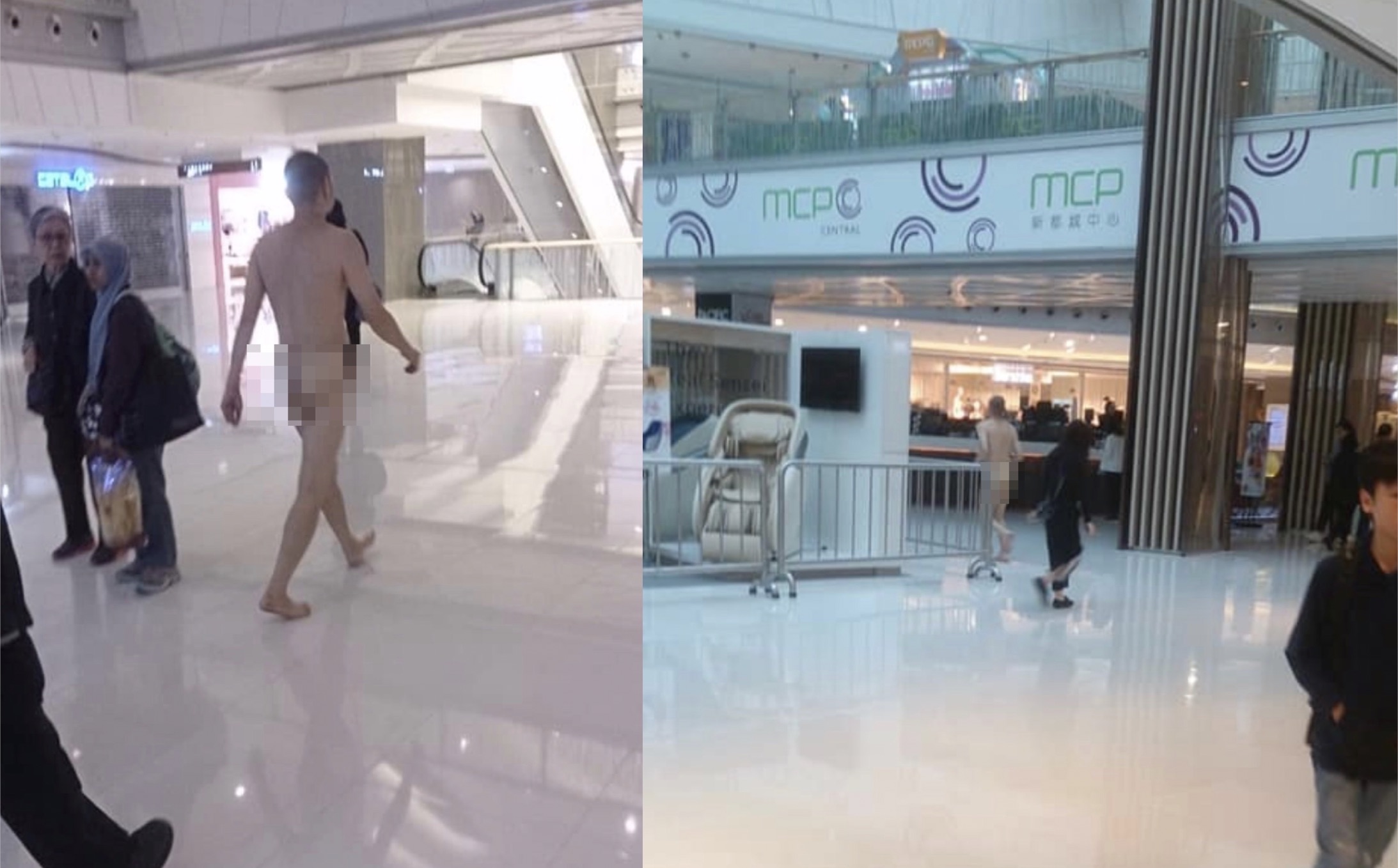A naked man strolls through a mall in Tseung Kwan O on Sunday. Photo via HK Incident.