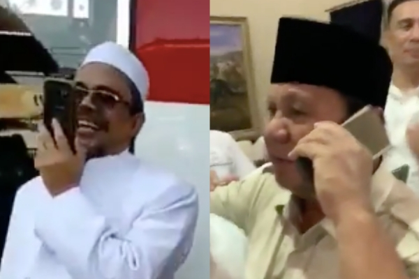 FPI leader Rizieq Shihab (Left) on the phone with Gerindra Chairman Prabowo Subianto. Photo: Twitter