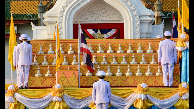 Eigthy-six vessels of water drawn from every province in the kingdom were sanctified in the old quarter last night for transport Wat Phra Kaew on Friday. Photo: Public Relations Dept.