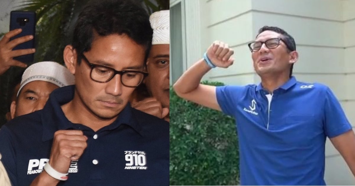 L): Viral “sad Sandiaga” image from Prabowo’s Thursday victory declaration. R): Screenshot from video posted to Sandiaga Uno’s Instagram page (@sandiuno) in November.