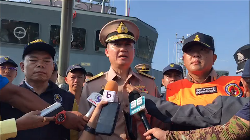 Vice Adm. Witthanat Kochsanei speaks from the deck of the HTMS Si Racha on Monday in a video posted by the Royal Thai Navy. Image: Royal Thai Navy