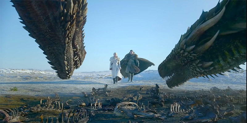 Danaerys Targaryen (Emilia Clarke) and Jon Snow (Kit Harington) approach her two surviving dragons in a scene from Season 8 of Game of Thrones. Image: HBO