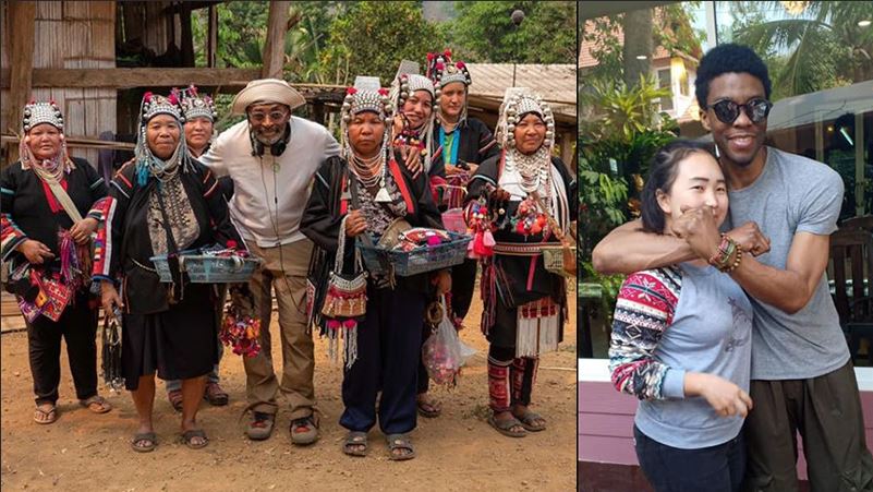 Spike Lee poses with Akha hill tribe women (Official Spike Lee / Instagram) and Chadwick Boseman puts a Chiang Mai woman in a headlock (Kamonchanok Noree / Facebook).

