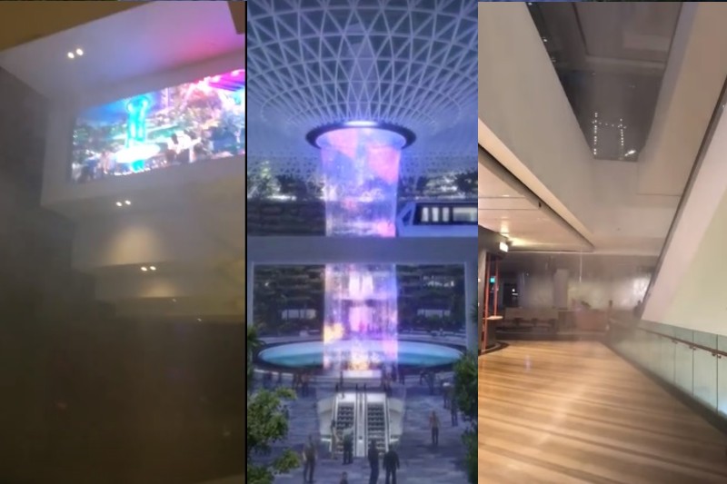 One of these is not like the other two: Two new “mini-waterfall” roof leaks made its way into the Jewel Changi Airport premises. (Photo: Facebook screengrabs)