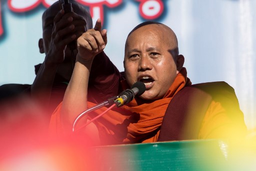 In this file photo taken Oct. 14, 2018, Buddhist monk Wirathu speaks during a rally to show the support to the Myanmar military in Yangon. Wirathu has long been the face of the country’s Buddhist nationalist movement, notorious for espousing hate against the Rohingya. Photo: Ye Aung THU / AFP