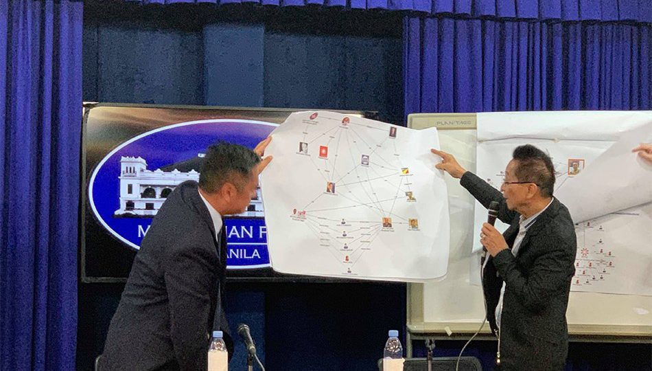 Presidential Communications Office Secretary Martin Andanar (left) and Presidential Spokesperson Salvador Panelo in yesterday’s press conference where the latter accused several personalities of planning to oust President Rodrigo Duterte. Photo: ABS-CBN News