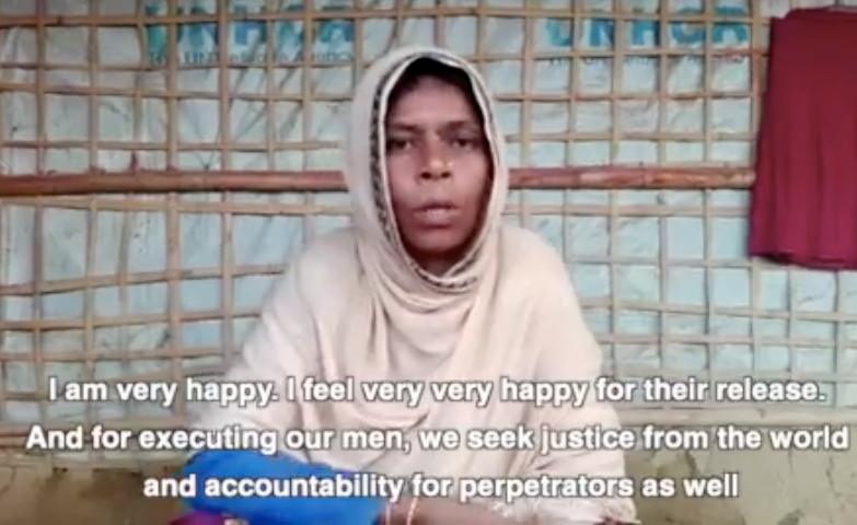 Screengrab of Rahmat Khatun, widow of Shaker Ahmed, is interviewed by Mayyur Ali, a Rohingya poet. She is the widow of one of the 10 Rohingya men massacred in Inn Dinn village. Via Facebook. 