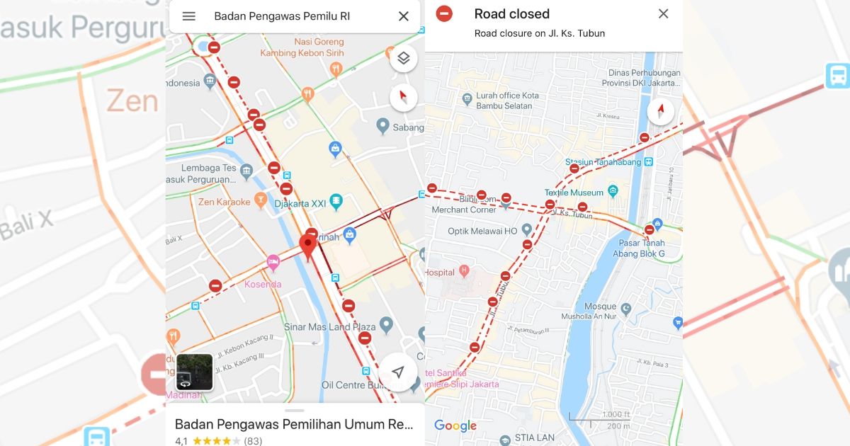 Screenshots of road closures across Jakarta, marked by prohibitory traffic signs and red dotted lines, on Google Maps.