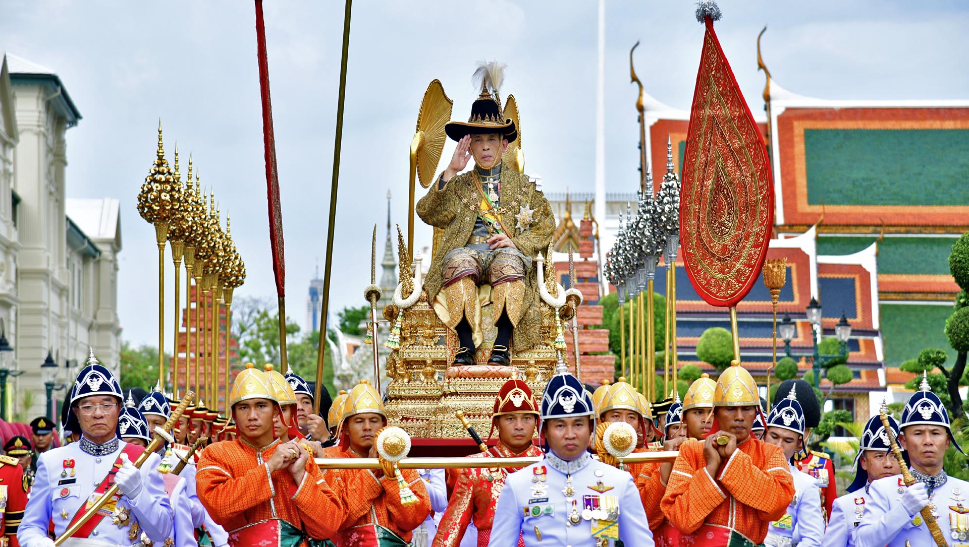 King Vajiralongkorn being carried in a royal palanquin to Emerald Buddha during his coronation ceremony. Photo: Gov’t Public Relations Dept.