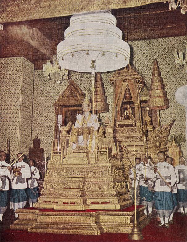 https://en.wikipedia.org/wiki/Coronation_of_the_ThaKing Bhumibol Adulyadej (Rama IX) on the Phuttan Kanchanasinghat throne, granting a general audience after the completion of his coronation on 5 May 1950. Photo: The Government Public Relations Department/ WikiCommons
