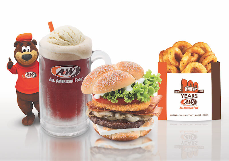 Root Beer Float, Cream Cheese Beef Burger, and Curly Fries. Photo: A&W Restaurants