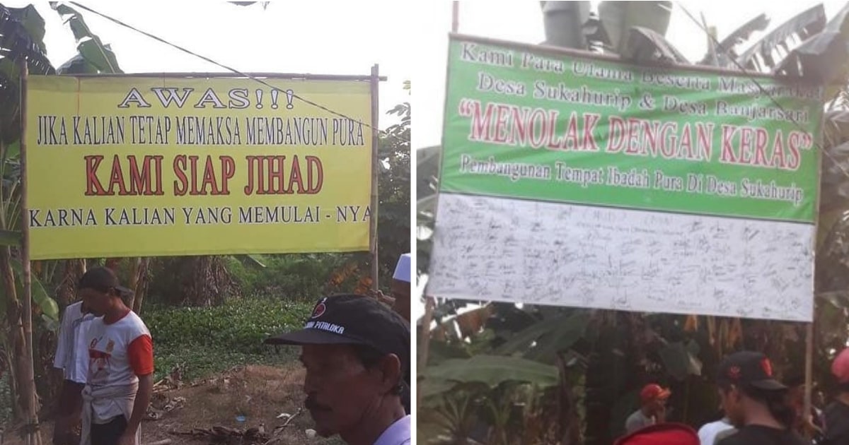 Two of the banners protesting the construction of the Hindu temple in Bekasi. Left: “Be careful! If you insist on building the temple, we are ready to carry out jihad as you are the one who started this.” 
Right: “We, the scholars and the people of Sukahurip Village and Banjarsari Village, strongly reject the construction of a temple in Sukahurip Village.”