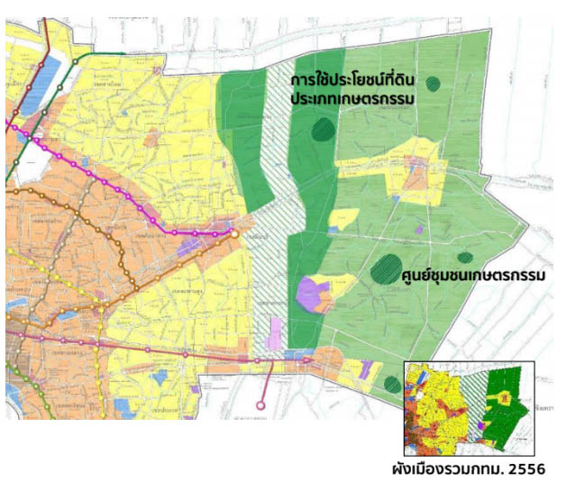 Areas designated for rural and agricultural conservation (green and white stripes) are significantly reduced in the proposed new master plan compared to the existing version from 2013 show in the inset map. Source: City Planning Department