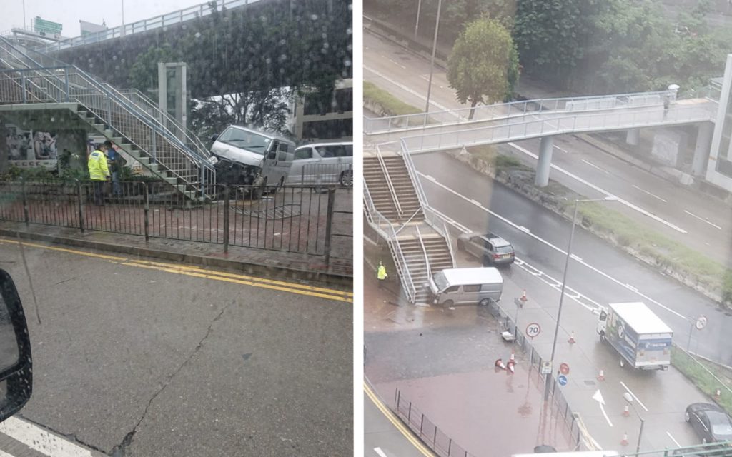 Yesterday, a van joining the intersection at Lai Chi Kok Road instead drove into the railings of a footbridge staircase and mounted the sidewalk. Photos via Facebook.