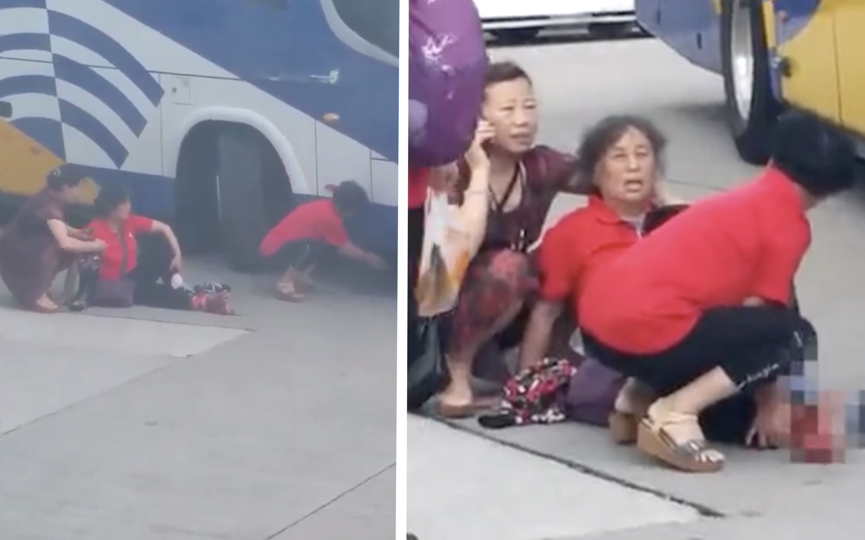 A female mainland tourist may have her right foot amputated after it got crushed by a coach. Screengrabs via Facebook video and Apple Daily video.