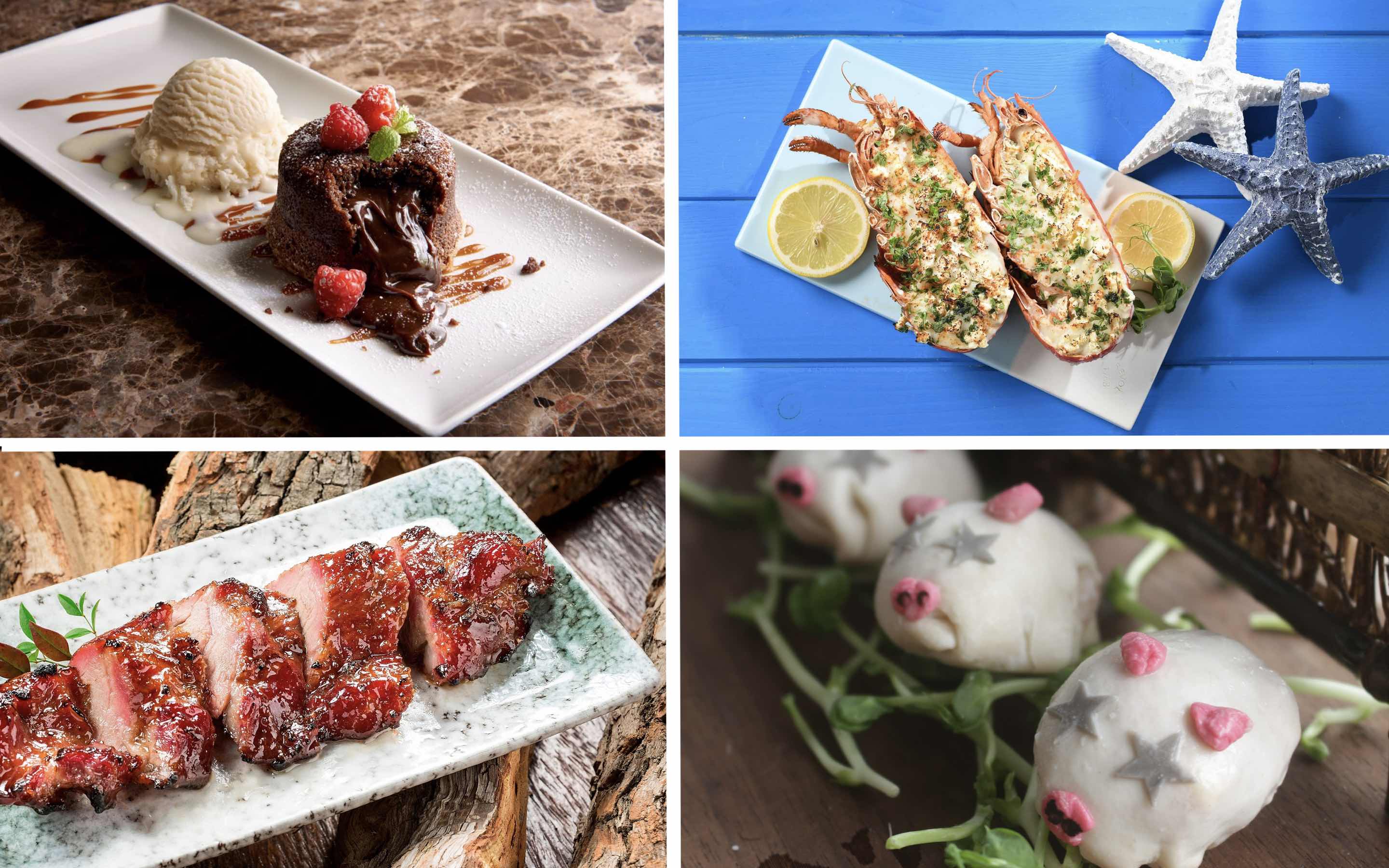 (Clockwise from top left) Morton’s hot chocolate cake, The Place’s baked lobster with feta cheese, Jade Dragon’s Iberico pork, and Drunken Pot’s piggy dumplings. Photos: Katherine Amara, Cordis, Forks and Spoons and Coconuts Media