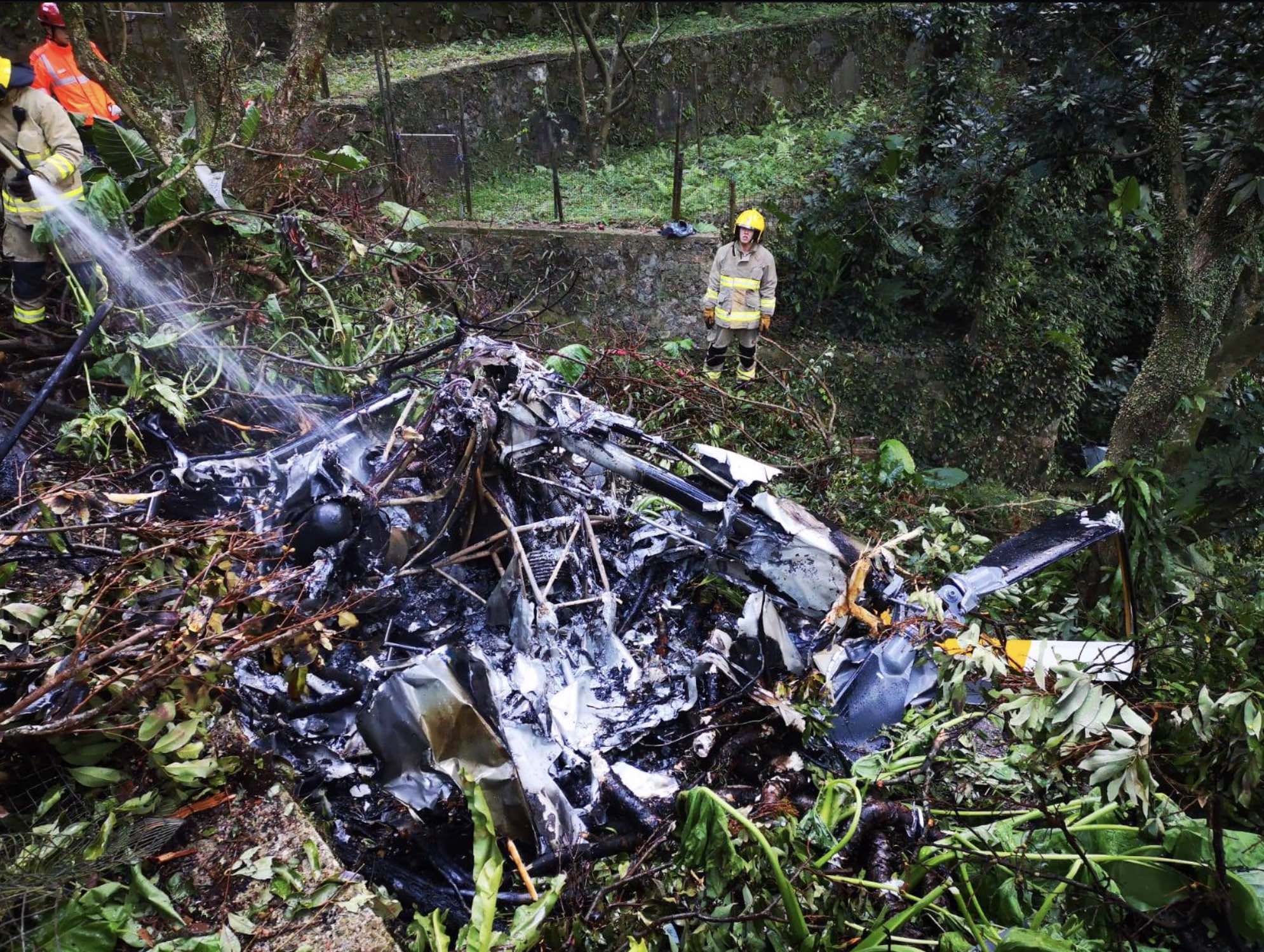 Hong Kong Police posted on social media what remains of a helicopter that crashed near Kadoorie Farm on Sunday. Facebook/Hong Kong Police Force.