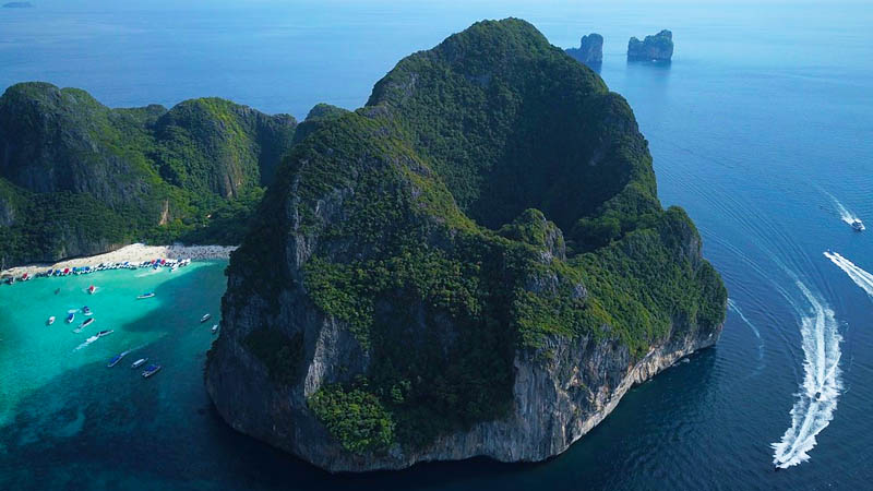 A bird’s eye view in 2018 of Maya Bay, which is located in the Andaman Sea not far from Koh Phi Phi Ley.

