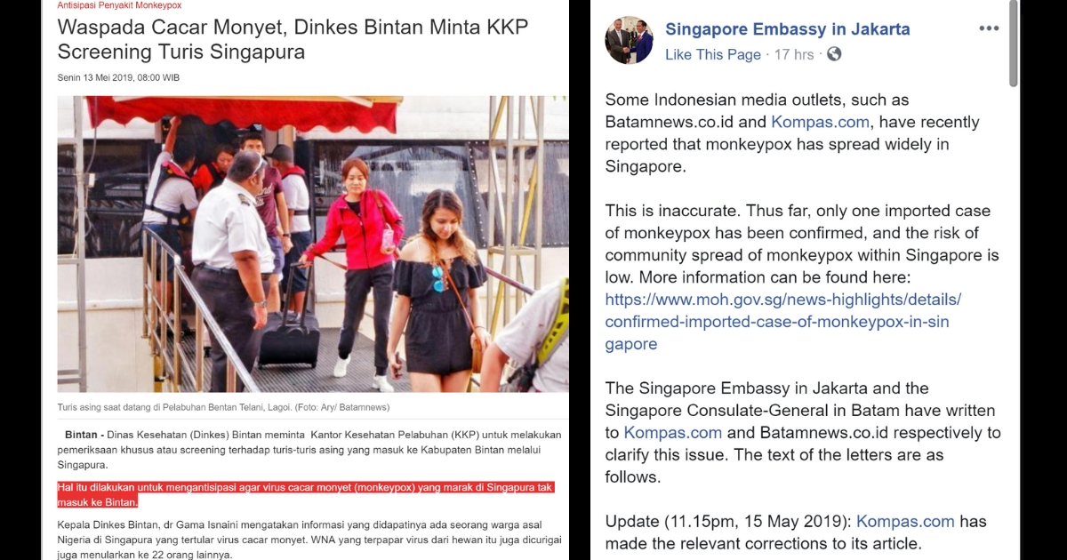 Screenshots: (Left) Batamnews.co.id article with disputed sentence highlighted. (Right) Statement by the Singaporean Embassy in Jakarta via Facebook.