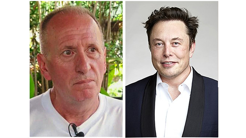 British cave diver Vern Unsworth, at left, and American tech visionary Elon Musk, at right. Original images: Wikimedia Commons