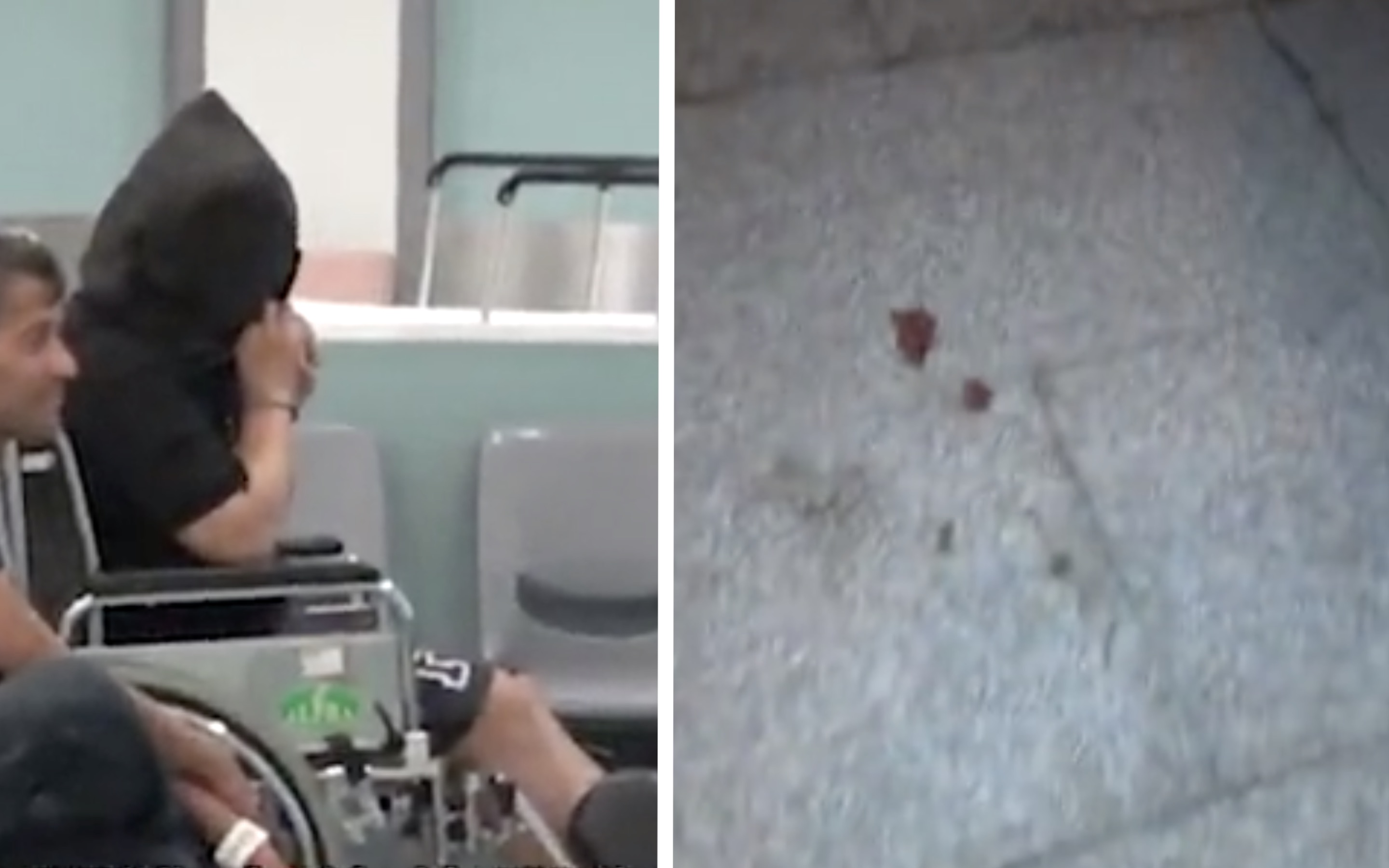 (Left) a mainland man was arrested police followed a trail of blood from his foot to a public toilet (right). screengrabs via Apple Daily video.