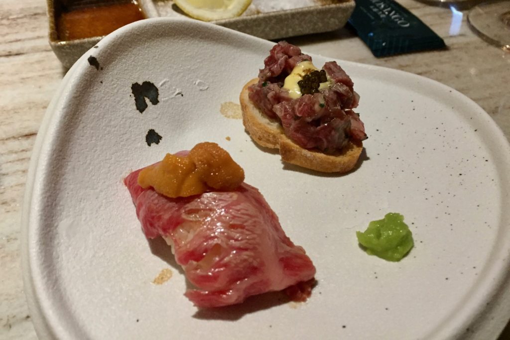 The short rib and uni sushi (front), and the beef tartare toast at Wagyu Vanne. Photo: Stuart White