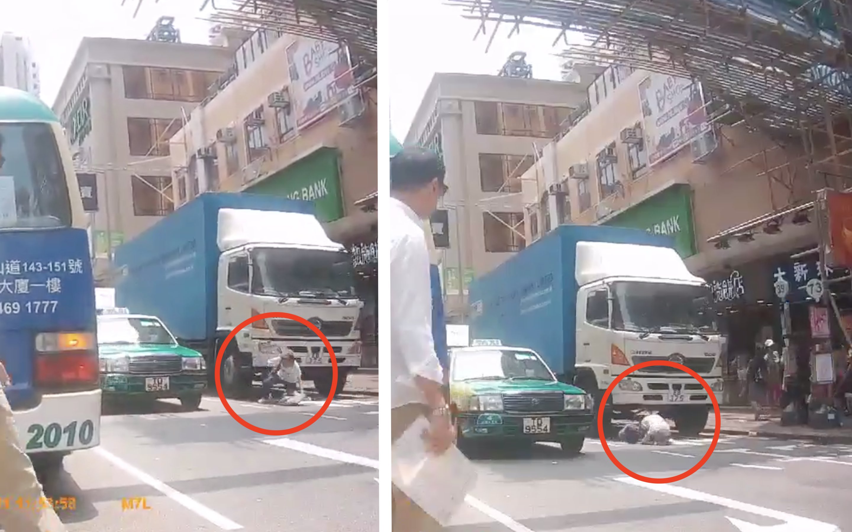 Dash cam video posted online shows the elderly woman being knocked over by a heavy truck. Screengrab via Facebook video/Kuro Dai.