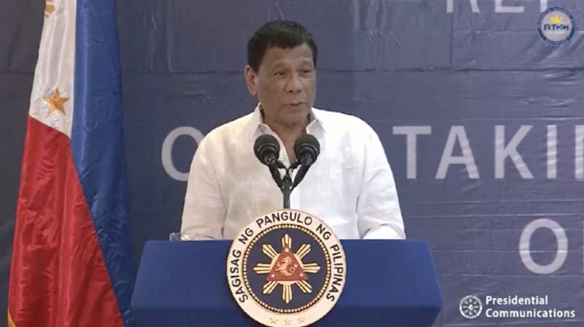 Philippine President Rodrigo Duterte at an event yesterday at the Xavier Sports and Country Club in Cagayan de Oro City. Photo: Screenshot from Radio Television Malacañang 