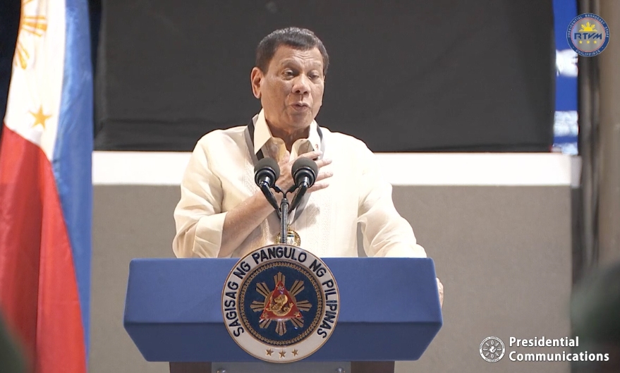 President Rodrigo Duterte at the anniversary celebration of the Presidential Security Group yesterday. Photo: Screenshot from Radio Television Malacañang 