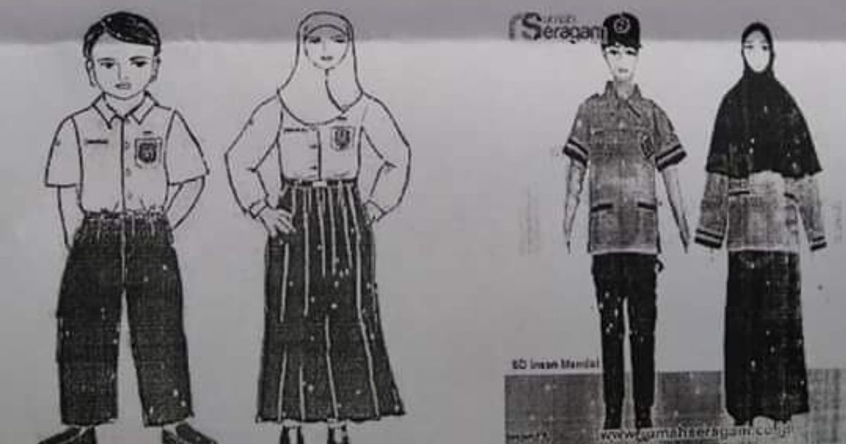 A photo of a circular issued by Karangtengah 3 Public Elementary School in Yogyakarta, which stated students are required to wear Islamic dress, recently went viral and drew the ire of some netizens. The circular also included sample drawings of the school uniforms, as pictured above. Photo: Twitter