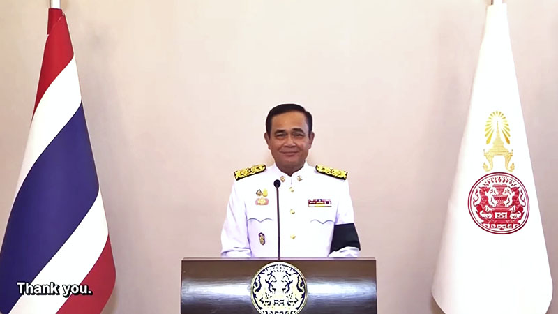 Prayuth Chan-o-cha makes a televised address after being sworn in by His Majesty the King. Image: Thai PBS
