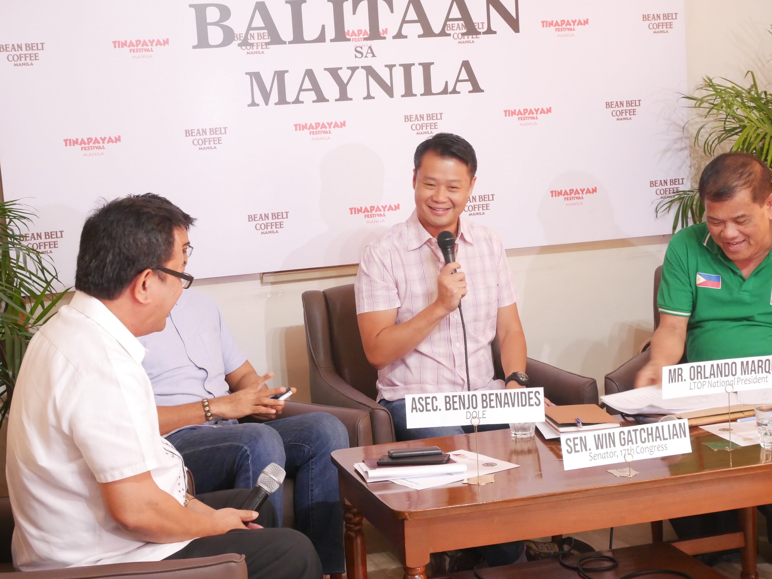 Senator Sherwin Gatchalian (middle) discussed the necessity of mandatory ROTC at a press conference in Manila this month. Photo: Rachel Malaguit