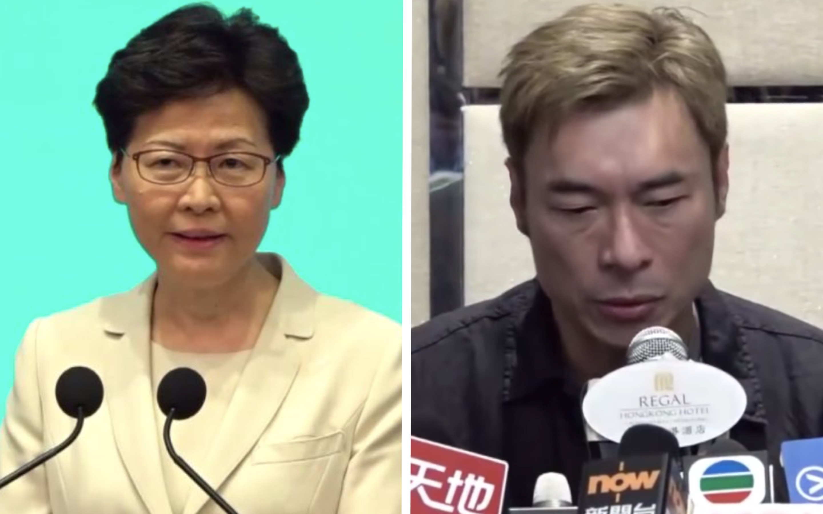 (Left) Carrie Lam at a press conference on Tuesday, June 18 where she offered a ‘sincere apology’ to Hongkongers for her handling of a controversial extradition bill. Her apology was contrasted with that of pop star Andy Hui (right), who held a tearful press conference after he was caught on camera cheating on his wife with a younger actress. Screengrabs via Facebook video and YouTube.