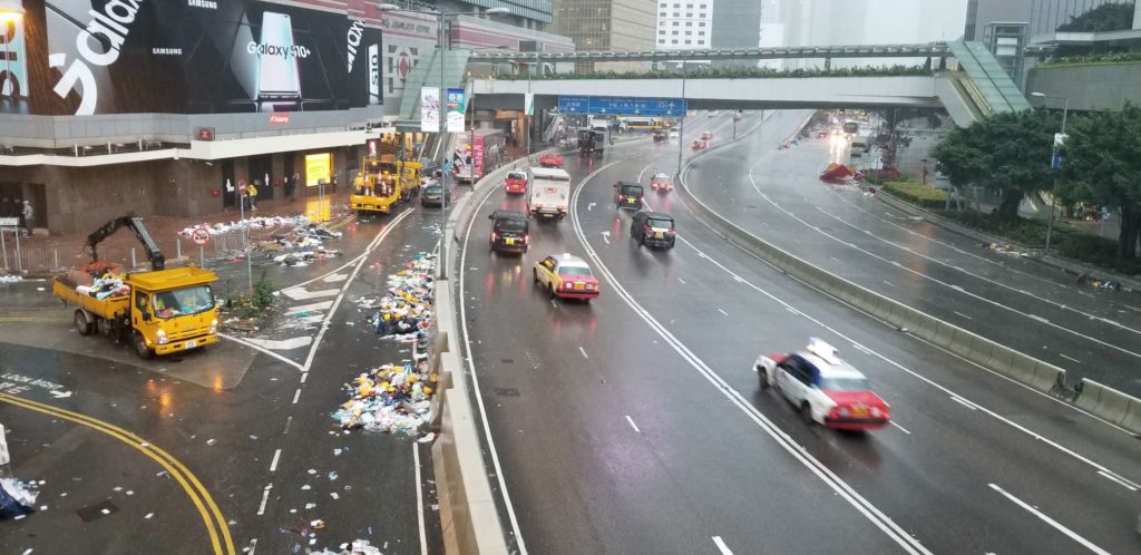 Things returned to a semblance of normalcy on Harcourt Road in Admiralty this morning, a day after the thoroughfare was occupied by tens of thousands of protesters. Photo by Vicky Wong.