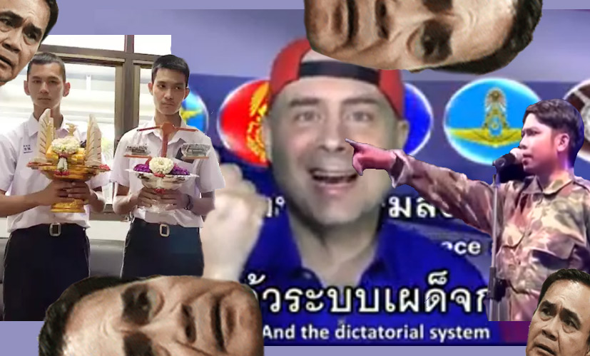 From left, students at a school in Nong Khai province display their ‘wai kruu’ satirical offerings, a longtime French expat parodies a junta song and a comedian does his impression of the junta leader, who appears disapproving on all sides.