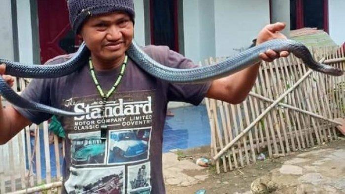 Jana, a citizen of Citiru Village in the Kutawaringin District of Bandung, pictured with one of his pet snakes. He was reportedly killed by his pet pythons on Friday morning. Photo: Social media