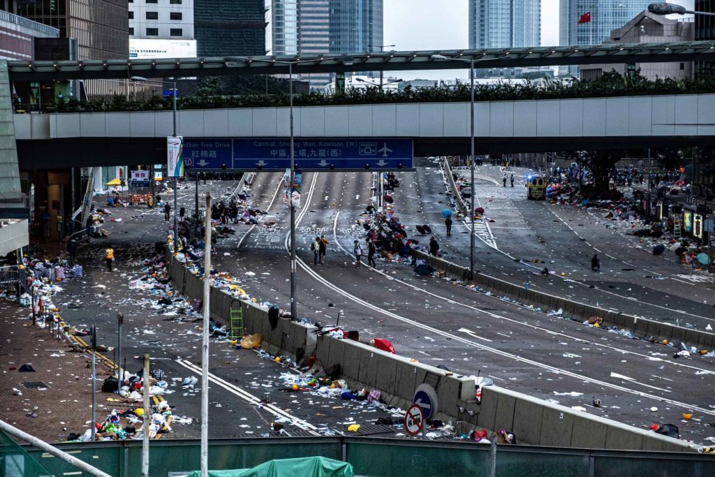 Connaught Road Central after police cleared the road of extradition bill protesters. Photo by Tomas Wiik.