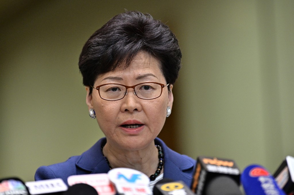 Chief Executive Carrie Lam holds a press conference today to defend the government’s controversial extradition bill. Photo via AFP.