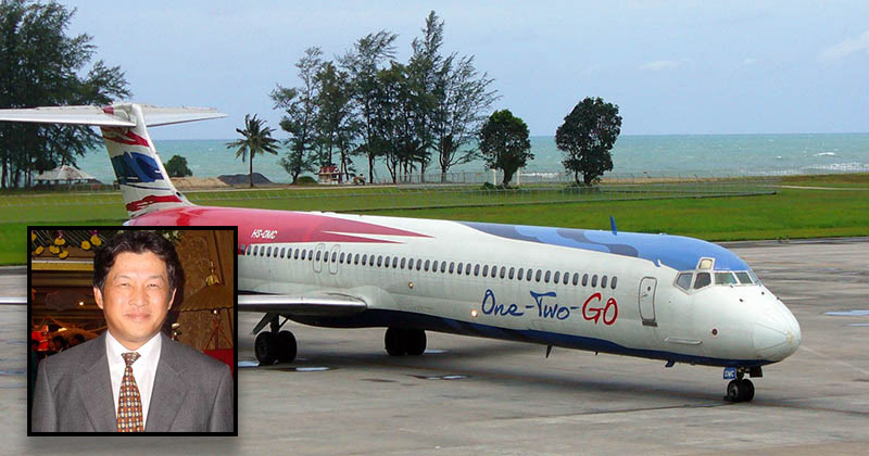 A One-Two-GO jet at Phuket’s airport in a file photo. Photo: Sean Digger / Wikimedia. Inset: Udom Tantiprasongchai. Image: InvestigateUdom.com