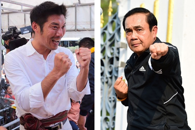 At left, Thanathorn Juangroongruangkit of the Future Forward Party in an image posted March 18 to his official Facebook. At right, junta leader Prayuth Chan-o-cha in a 2017 image released by his government.