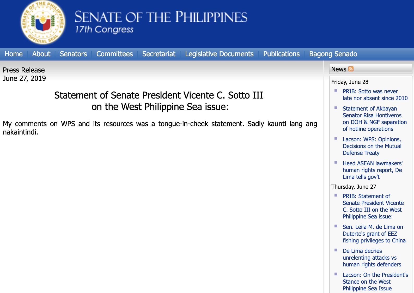 Screenshot: Senate of the Philippines website. 
