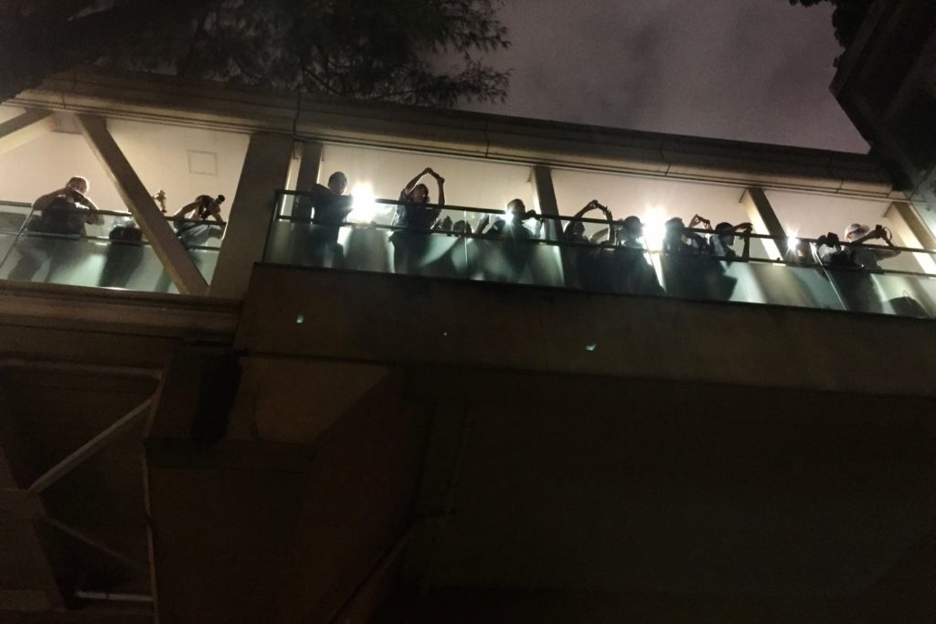 Onlookers take photos of the vigil in Victoria Park last night from a nearby footbridge. Photo by Stuart White.