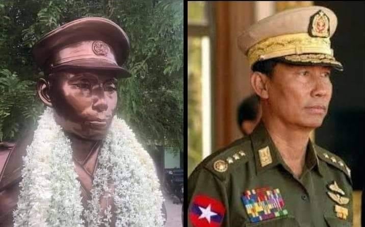 Side-by-side comparison of Bogyoke Aung San statue and former general and politician Thura Shwe Mann via Facebook.