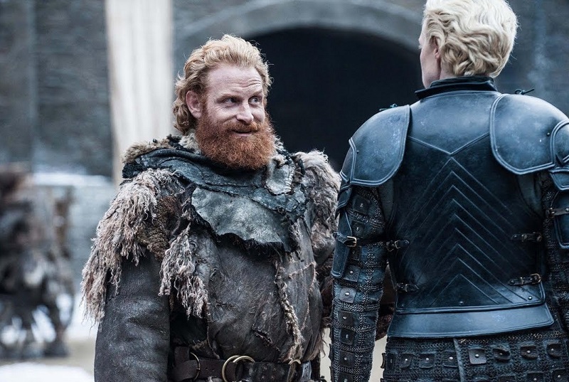 Tormund Giantsbane flirts with Brienne of Tarth on <i></noscript>Game of Thrones</i>, melting our hearts, but not hers. <i>Image courtesy of HBO</i>
